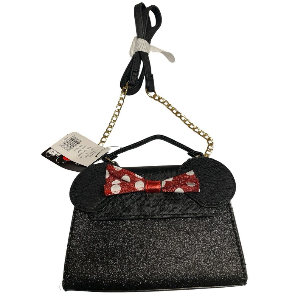 Disney Minnie Mouse Sparkling Bow Black Crossbody Bag Handle W/ Gold Tone Chain